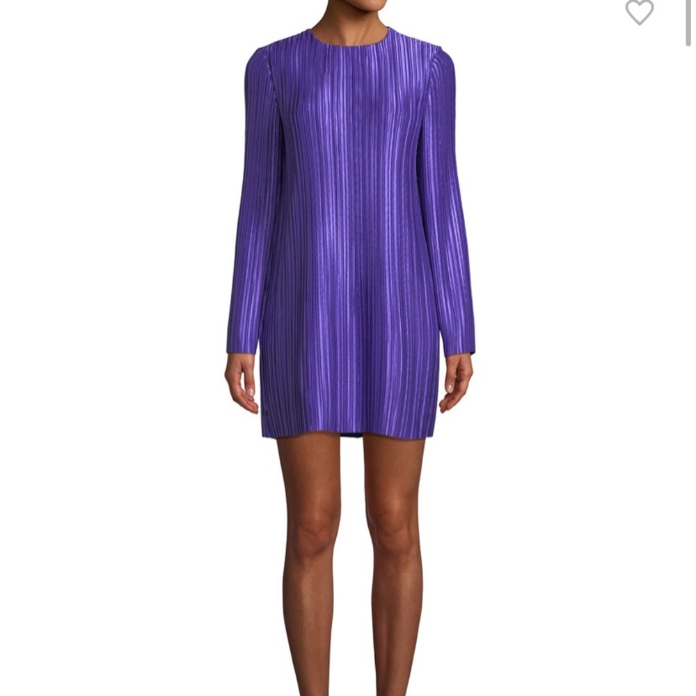 Long-Sleeve Jewel-Neck Plisse Mini Cocktail Dress